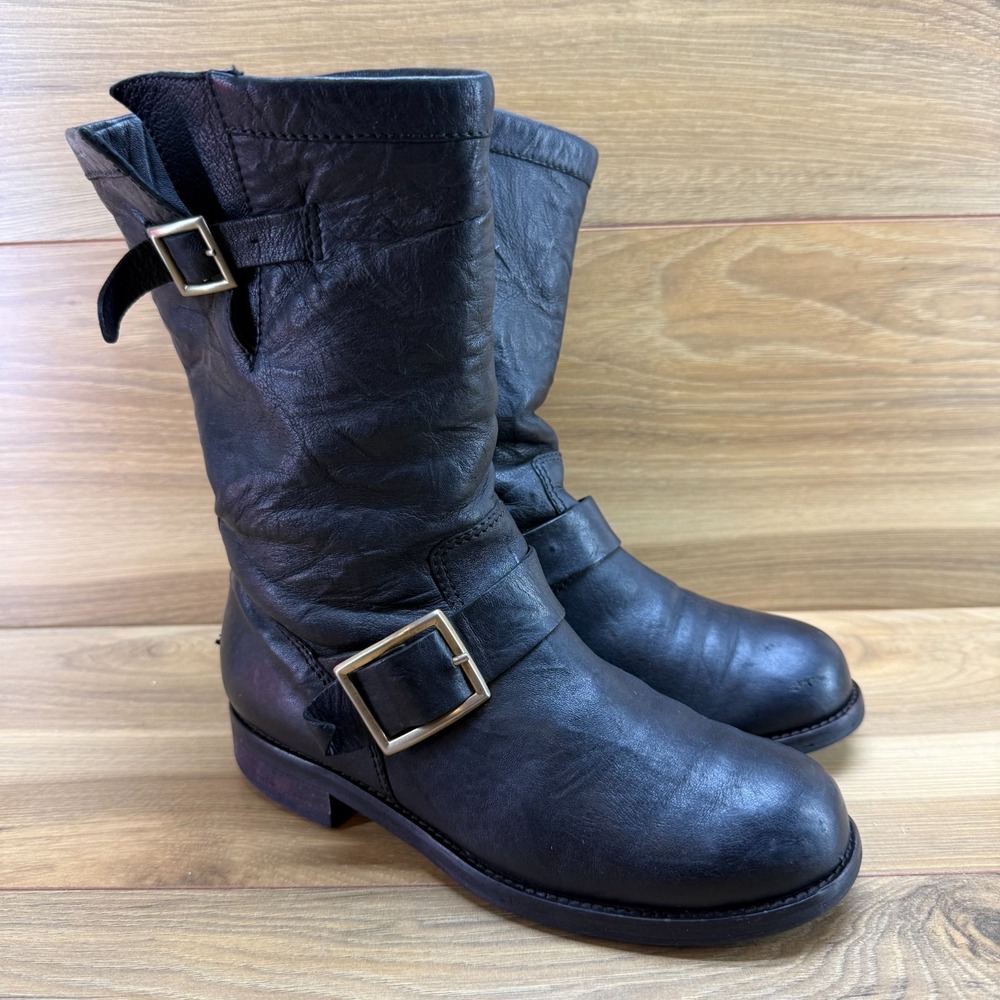 Jimmy Choo FLAWED Buckle Boots 5.5 EU 35.5 Black Leather Mid Calf Biker Moto - Picture 3 of 11